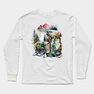 Backpack And Boots Watercolor Style Hiking Scene Long Sleeve T-Shirt